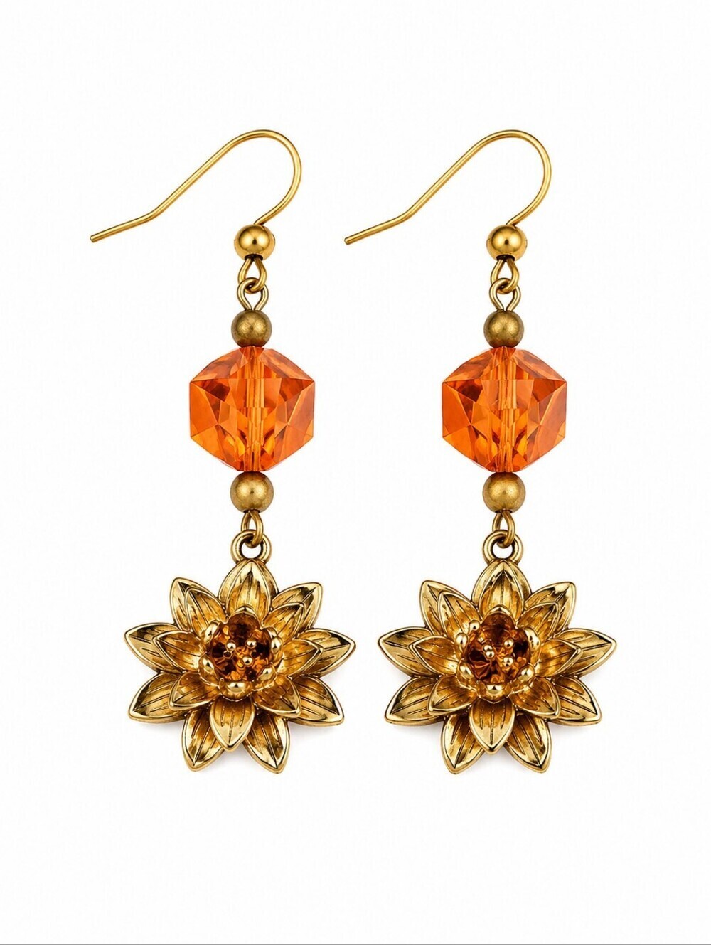 HANDMADE Orange Chinese Crystal Lotus Charm Beaded Dangle Earrings